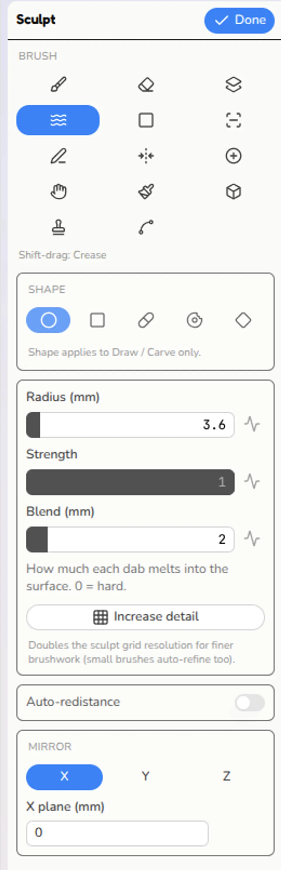 The Brush tool palette in sculpt mode