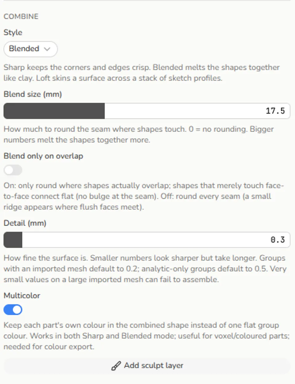 The Combine section with Style set to Blended