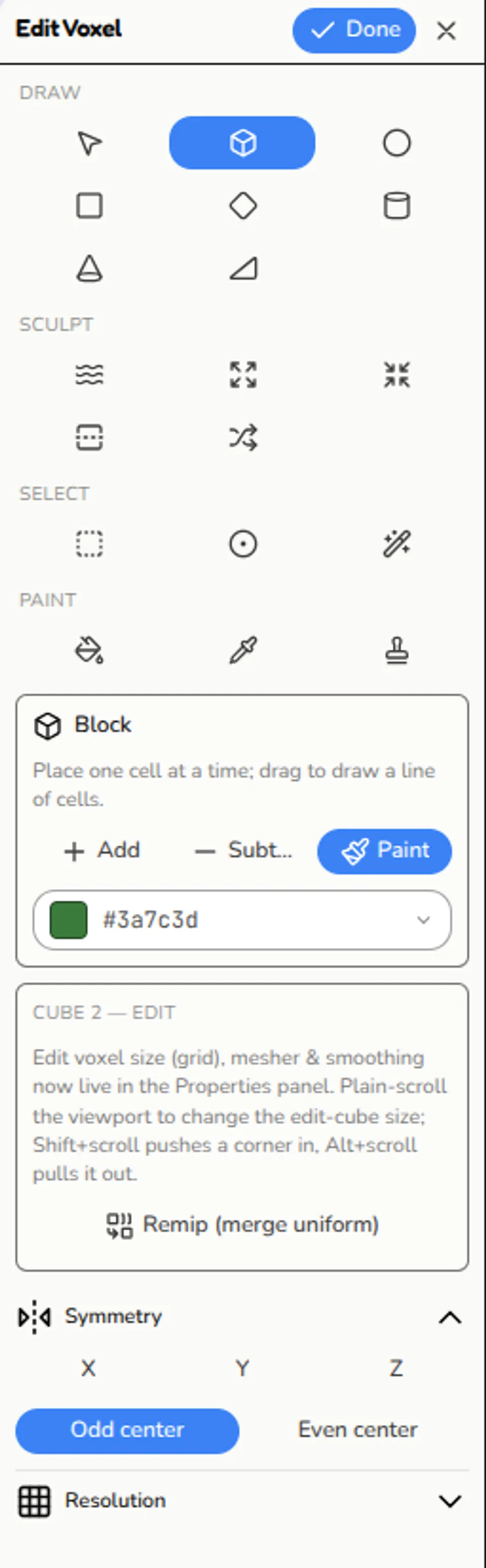 The voxel tool palette