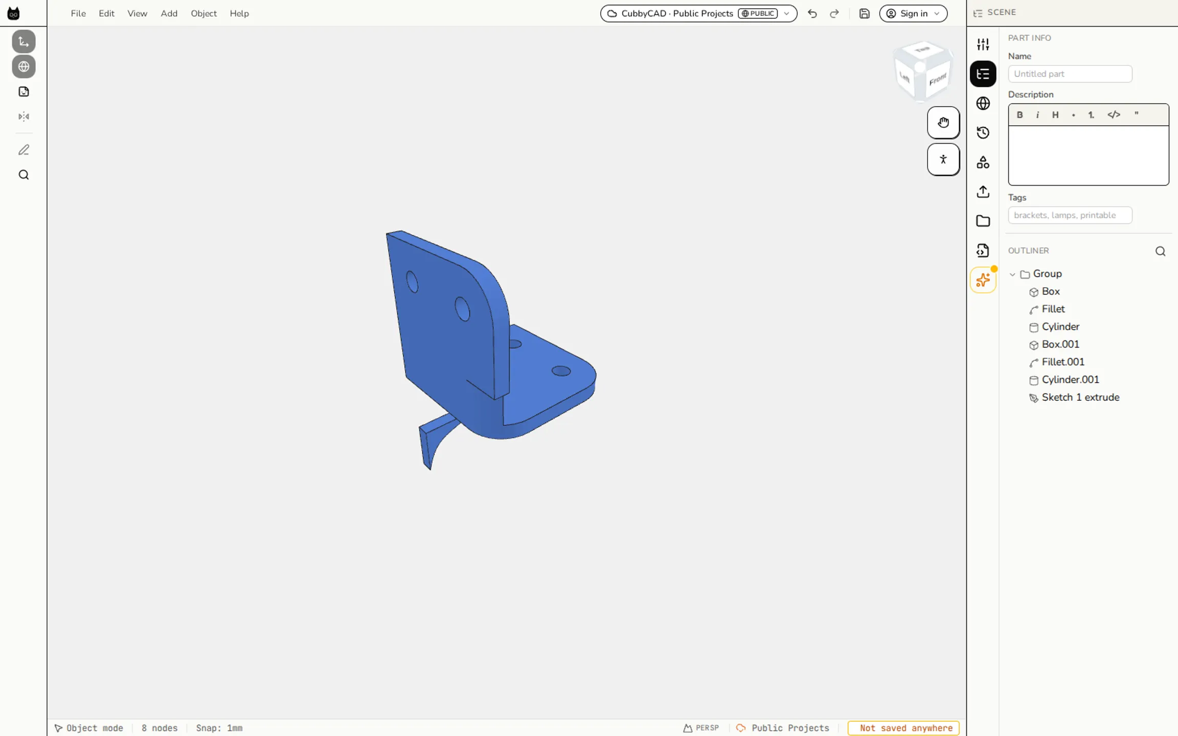 The CubbyCAD editor with a model open and the scene list showing