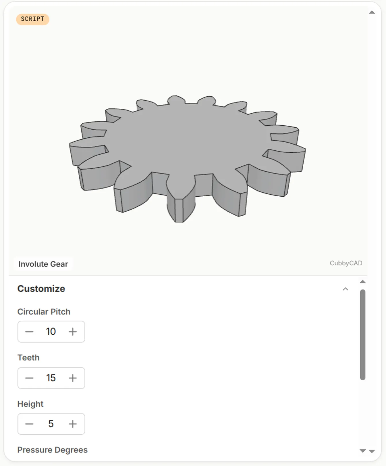 A parametric involute gear with editable parameters (teeth, pitch, height) and a download button.